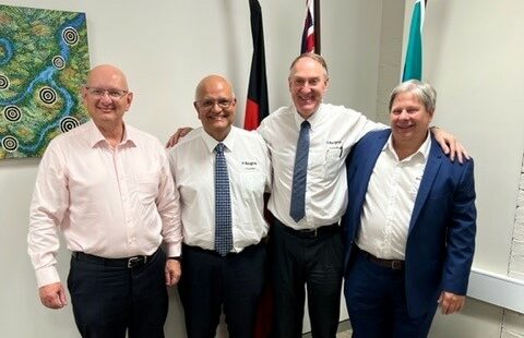 Left to right: The Hon Shayne Neumann MP, member for Blair, with Aegros Founders Prof Hair Nair and Mr John Manusu and Prof Stephen Mahler Aegros Chief Scientific Officer.